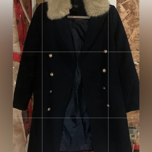 Almost brand new top shop coat detachable faux fur collar navy blue gold button - Picture 4 of 4